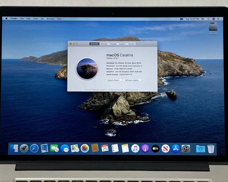 Apple MacBook Pro A1398 2013 Retina 15" 2.40 GHz i7 8GB RAM 250GB SSD os10.15.7