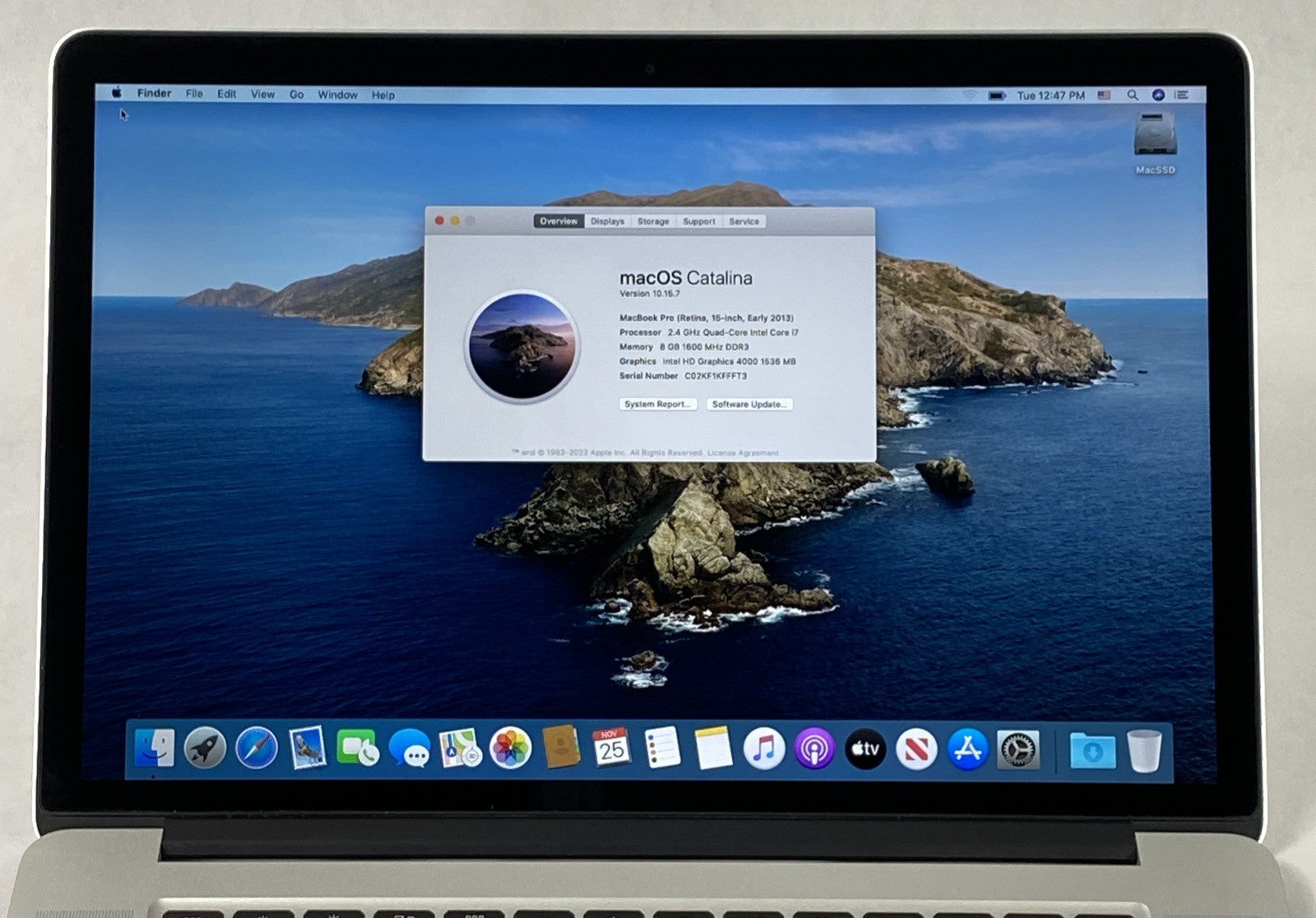 Apple MacBook Pro A1398 2013 Retina 15" 2.40 GHz i7 8GB RAM 250GB SSD os10.15.7