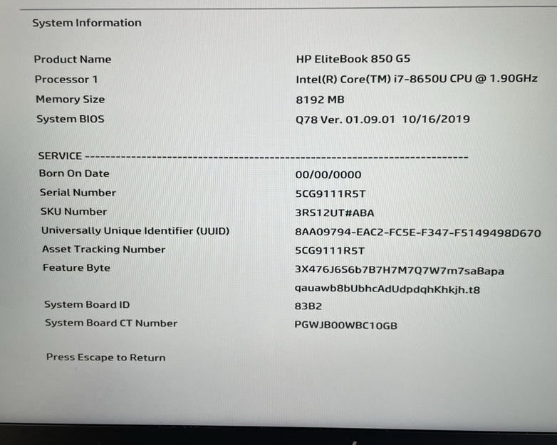 HP EliteBook 850 G5 15.6" i7-8650U 1.90 GHz 8 GB RAM No SSD/OS/AC