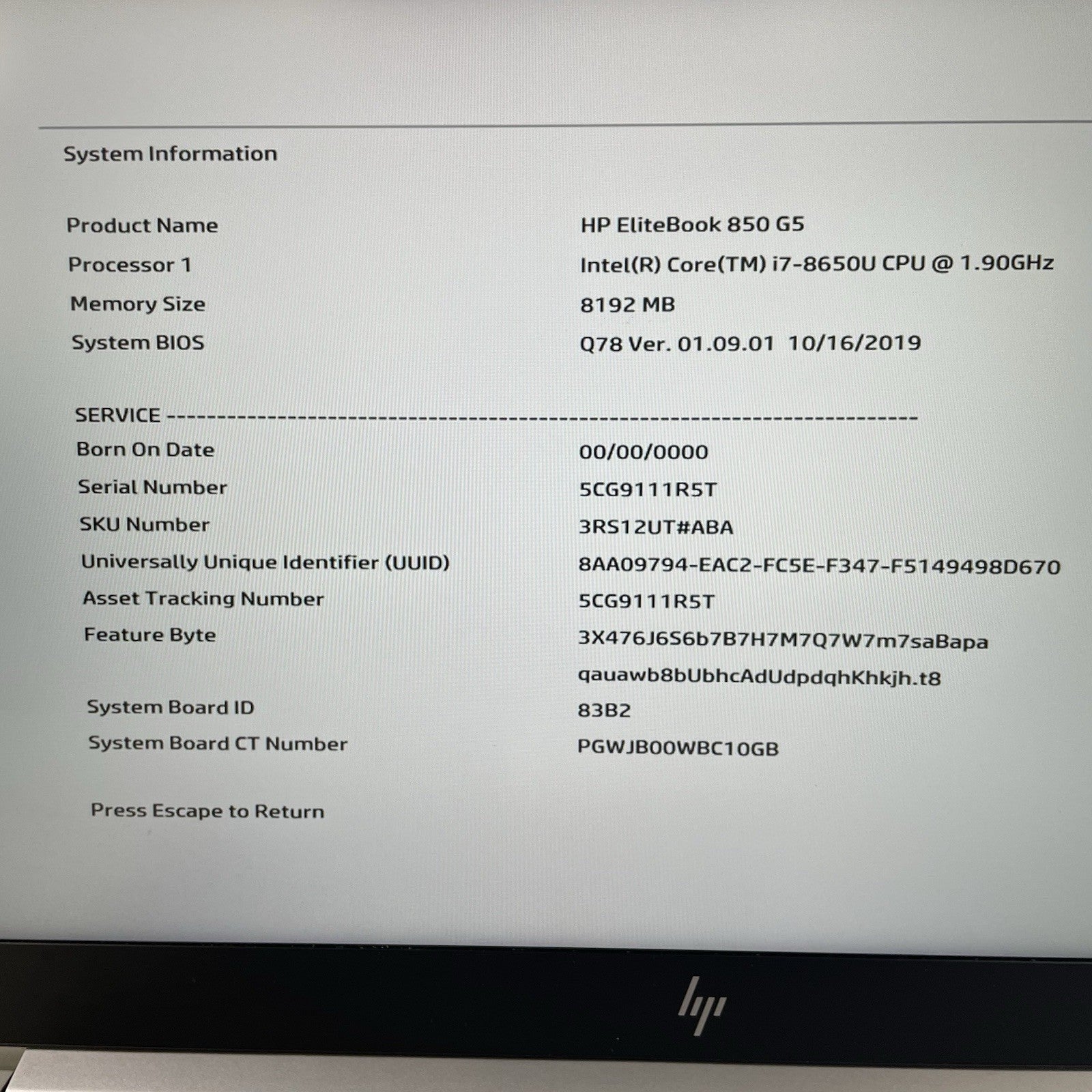 HP EliteBook 850 G5 15.6" i7-8650U 1.90 GHz 8 GB RAM No SSD/OS/AC2