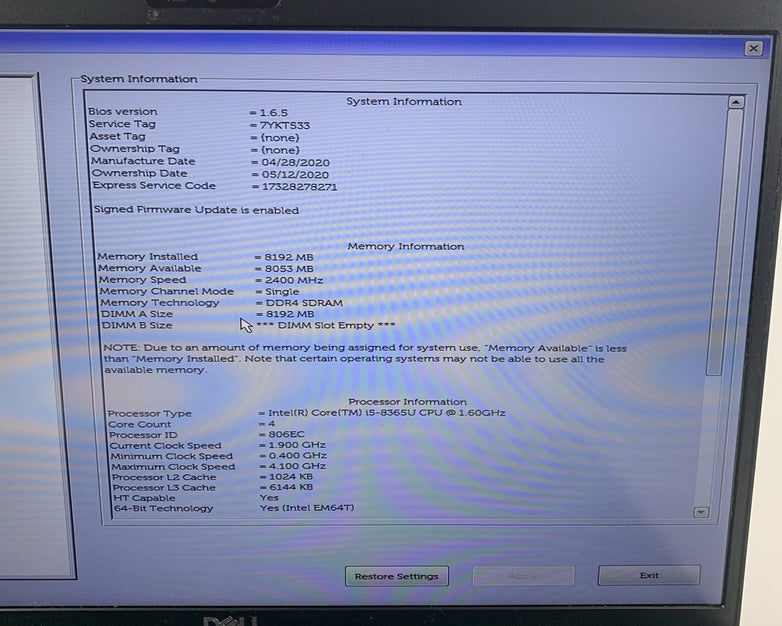 Dell Latitude 5500 15.6" Laptop i5-8365U 1.6 GHz 8 GB RAM No OS/SSD/AC