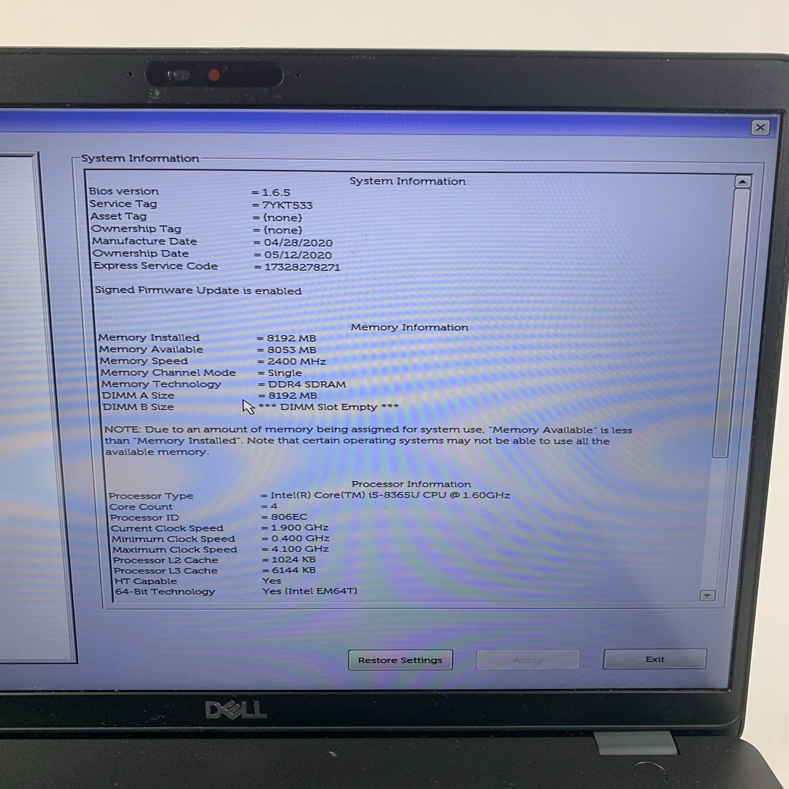 Dell Latitude 5500 15.6" Laptop i5-8365U 1.6 GHz 8 GB RAM No OS/SSD/AC2