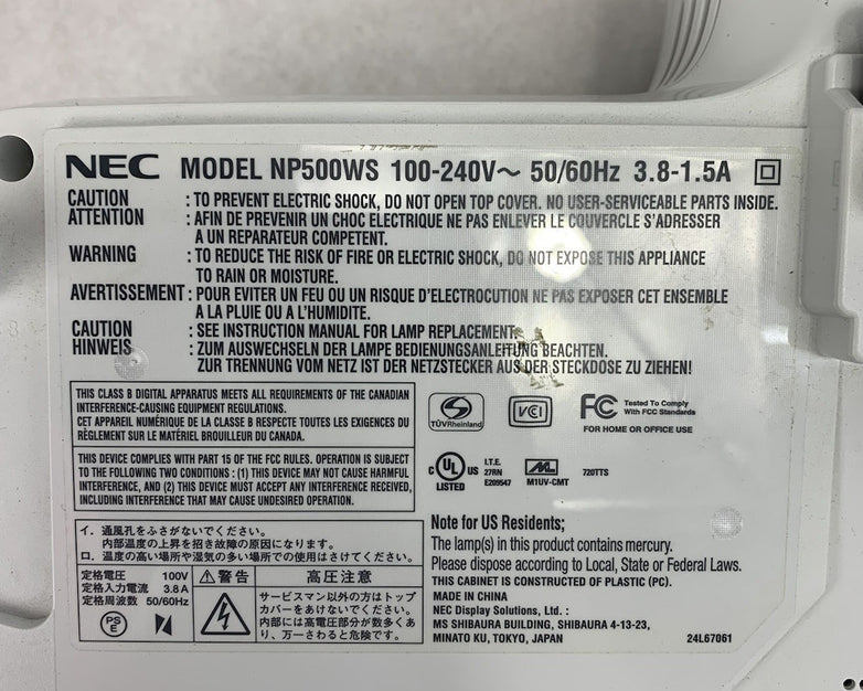 NEC NP500WS LCD Projector 537 Lamp Hours