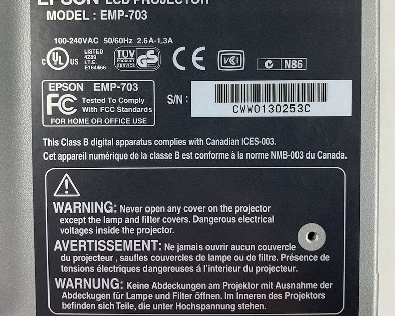 Epson EMP-703 LCD Lamp Projector No Remote No Cords