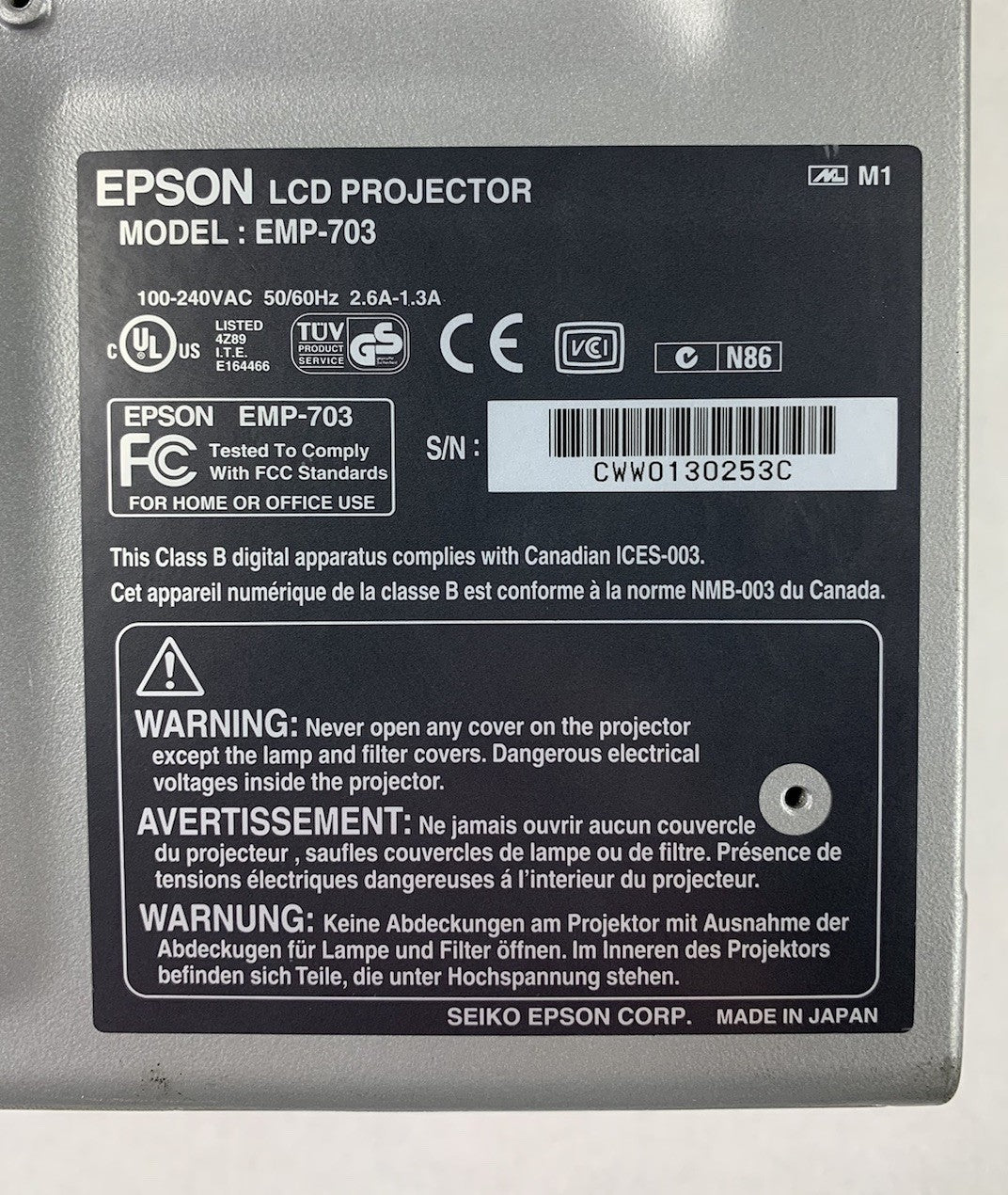 Epson EMP-703 LCD Lamp Projector No Remote No Cords