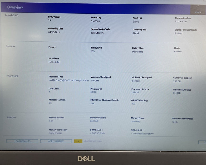 Dell Latitude 3510 15.6" i5-10210U 1.60 GHz 8GB RAM No SSD/OS/AC - Missing N Key