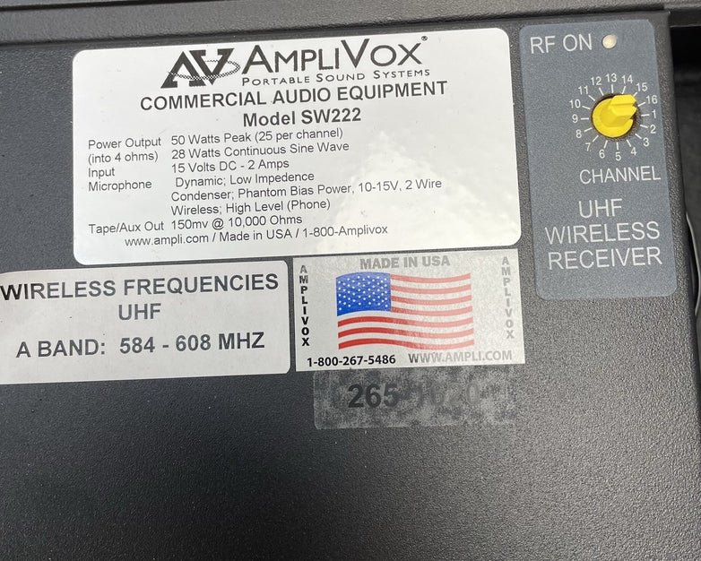 AmpliVox Sound Systems SW222 Wireless Portable PA System Power Tested