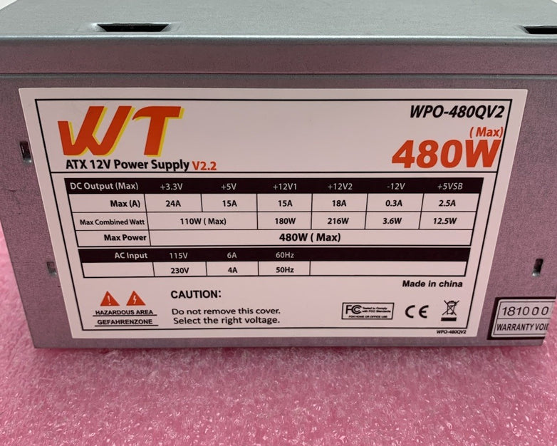 WT WPO-480QV2 480W ATX 12V Computer Power Supply