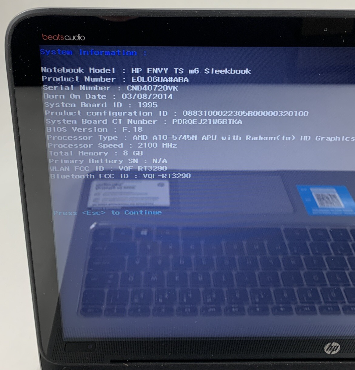 HP Envy TS M6 Sleekbook A10-5745M 8 GB Ram No OS No HDD No Batt No AC