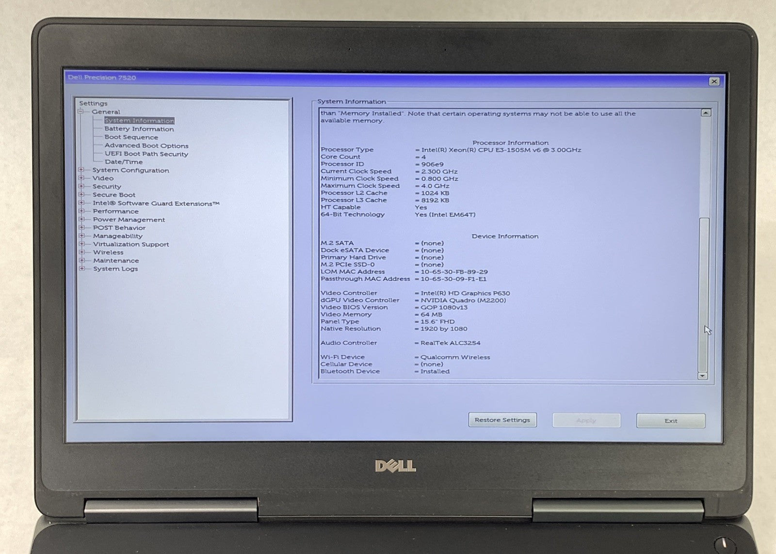 Dell Precision 7520 Intel Xeon E3-1505M v6 3.00 GHz 8 GB RAM 15.6" No HDD No OS