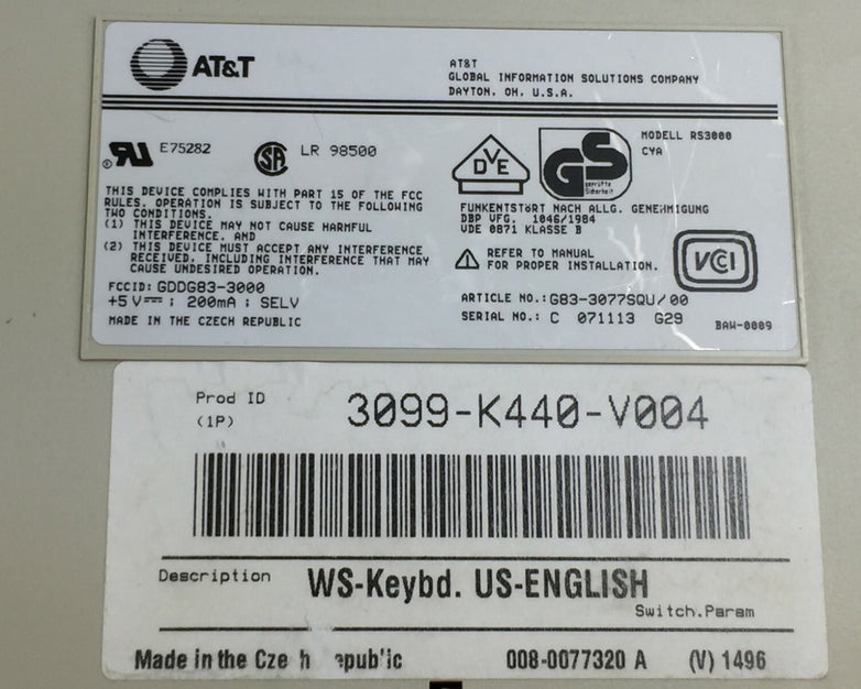 At&t Keyboard 3099-K440-V004 RS3000  Wired  PS/2