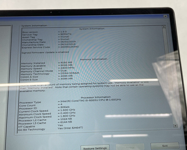 Dell Inpiron 7386 13.3" Touch i58265U 1.60 GHz 8 GB RAN No SSD No OS No AC