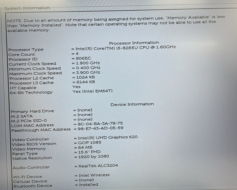 Dell Latitude 5500 15.6" i5-8265U 1.60 GHz 8 GB RAM No SSD/OS/AC