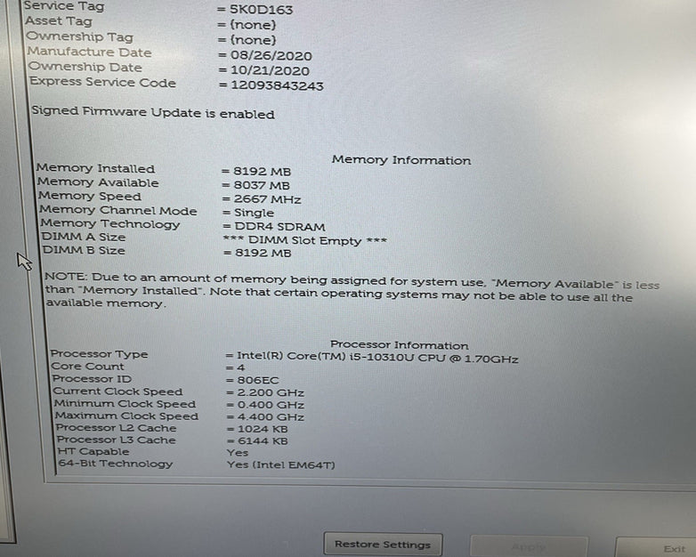 Dell Latitude 5510 15.6" i5-10310U 1.70 GHz 8 GB RAM No SSD/OS/Batt - Worn