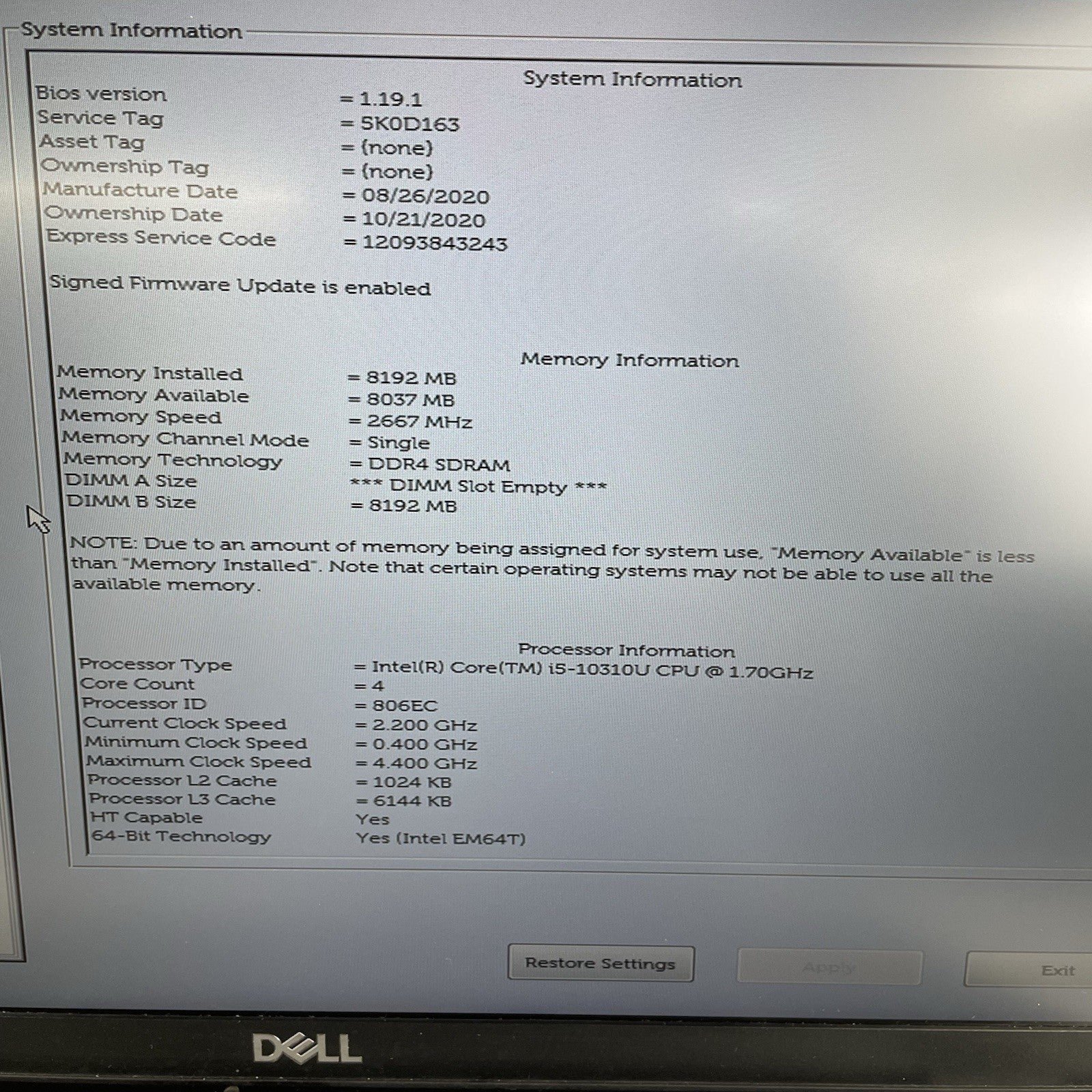 Dell Latitude 5510 15.6" i5-10310U 1.70 GHz 8 GB RAM No SSD/OS/Batt - Worn2