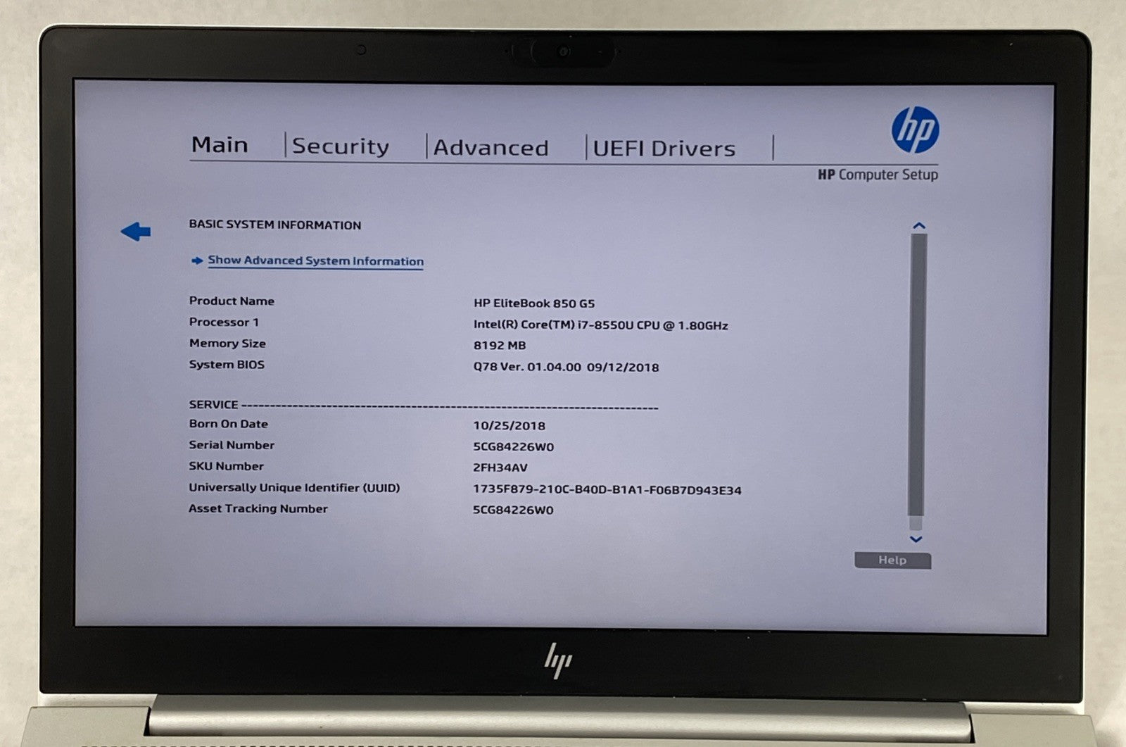 HP EliteBook 850 G5 Core i7-8550U 1.80GHz 8GB RAM 15.6" No HDD No OS