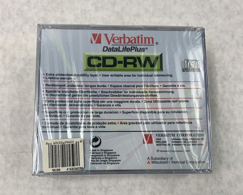 5 Pack Verbatim DataLifePlus CD-RW Recordable Disk 2x-4x Speed 650MB