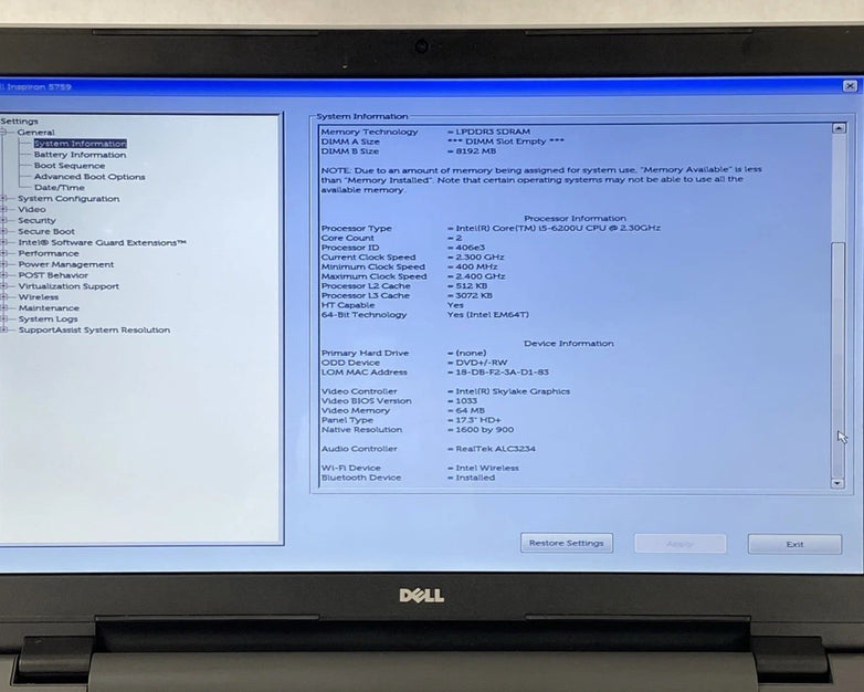 Dell Inspiron 5759 Core i5-6200U 2.3GHz 8GB RAM 17.3" No Battery No HDD No OS