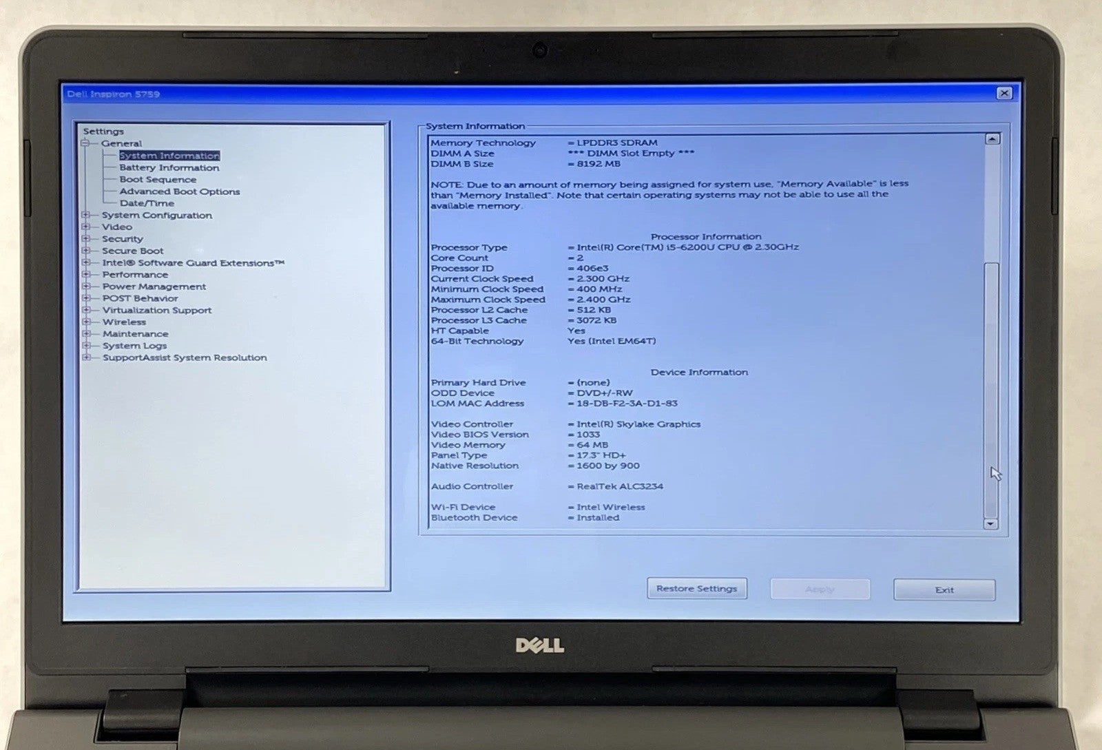 Dell Inspiron 5759 Core i5-6200U 2.3GHz 8GB RAM 17.3" No Battery No HDD No OS