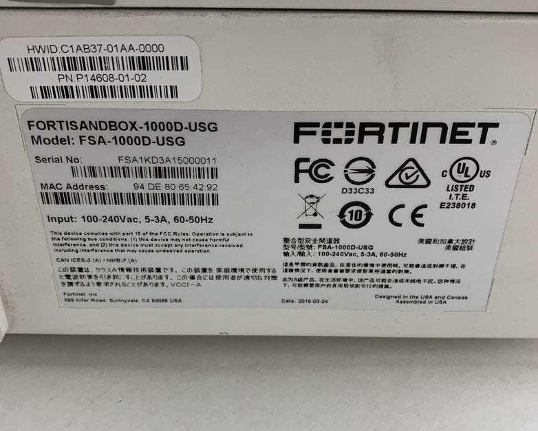 Fortinet FortiSandbox 1000D FSA-1000D-USG No HD No OS