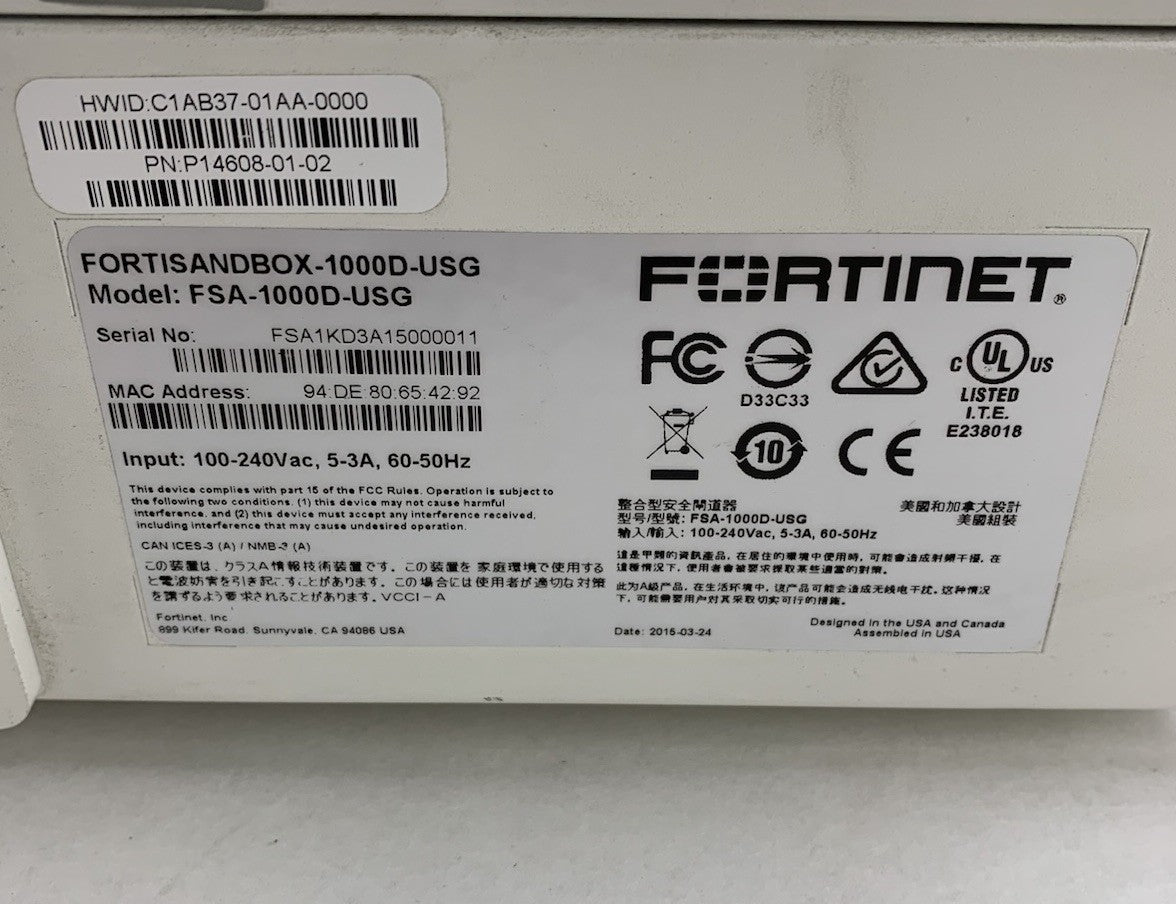 Fortinet FortiSandbox 1000D FSA-1000D-USG No HD No OS