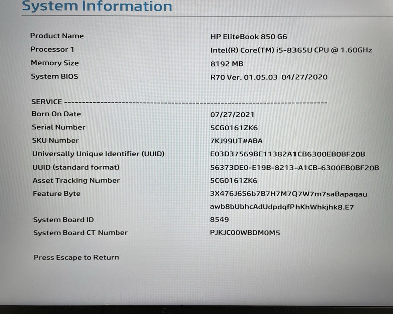 HP EliteBook 850 G6 15.6" i5-8365U 1.60 GHz 8 GB RAM No SSD/OS/AC - Dented