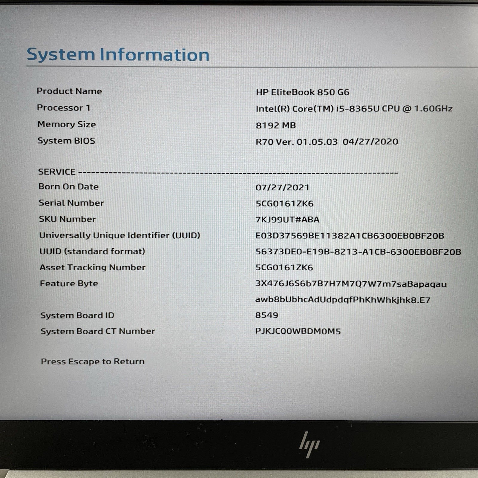HP EliteBook 850 G6 15.6" i5-8365U 1.60 GHz 8 GB RAM No SSD/OS/AC - Dented2