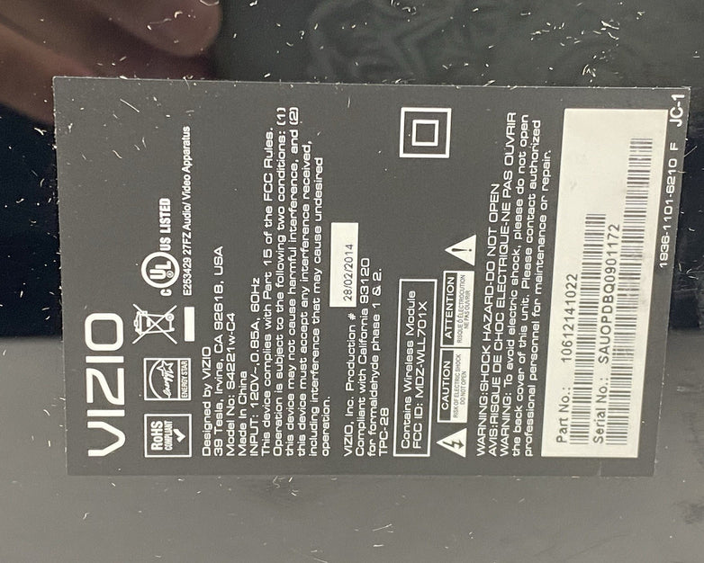 Vizio S4221w-C4 Wireless Subwoofer No Power Cord Power Tested