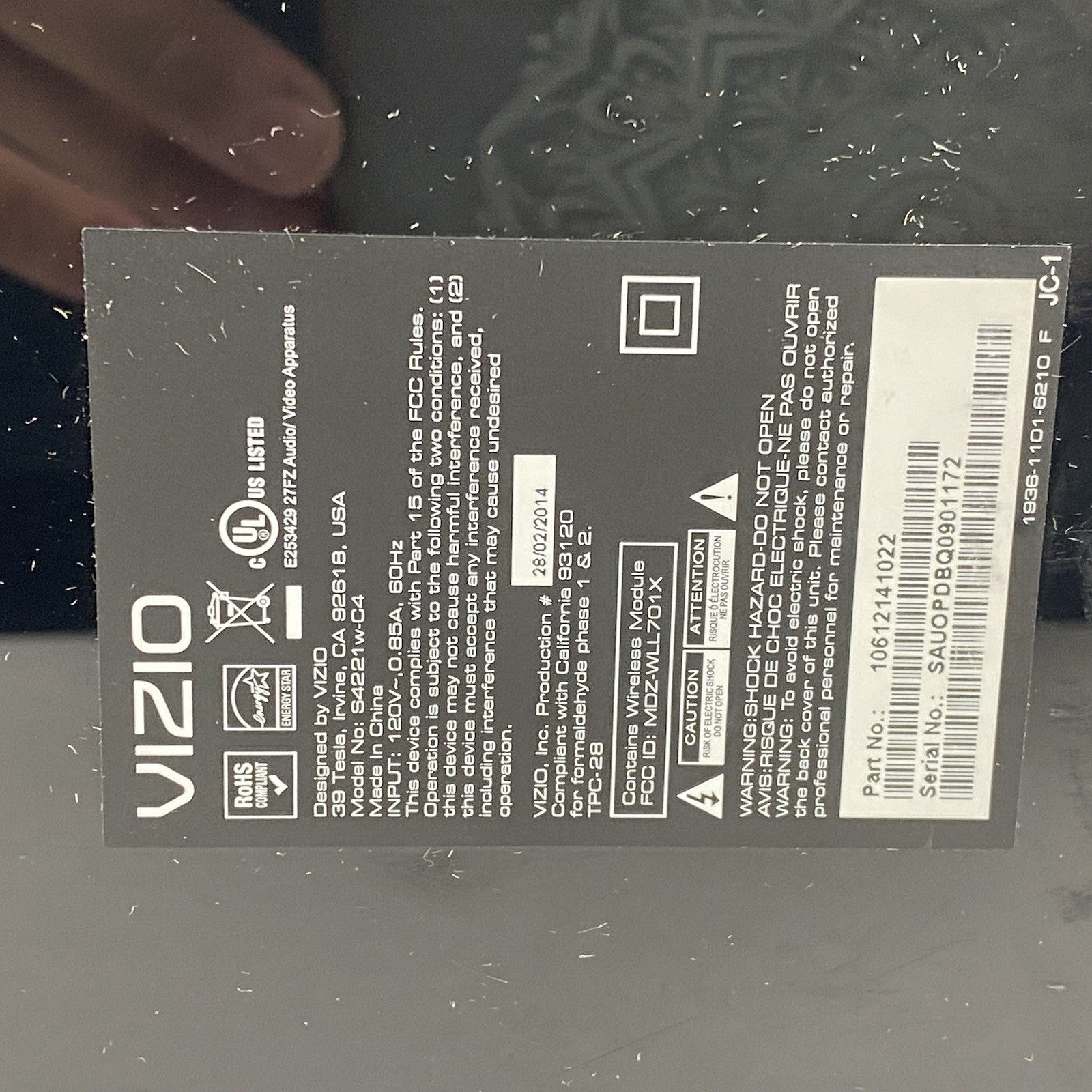 Vizio S4221w-C4 Wireless Subwoofer No Power Cord Power Tested