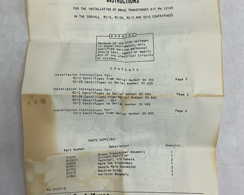Sorvall 12149 Brake Transformer Kit for RC-2 /RC-2B /RC-3 /SS-3 Centrifuges