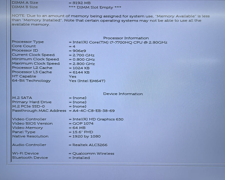 Dell XPS 15 9560 15.6" i7-7700HQ 2.80 GHz 8 GB RAM No SSD/OS/AC