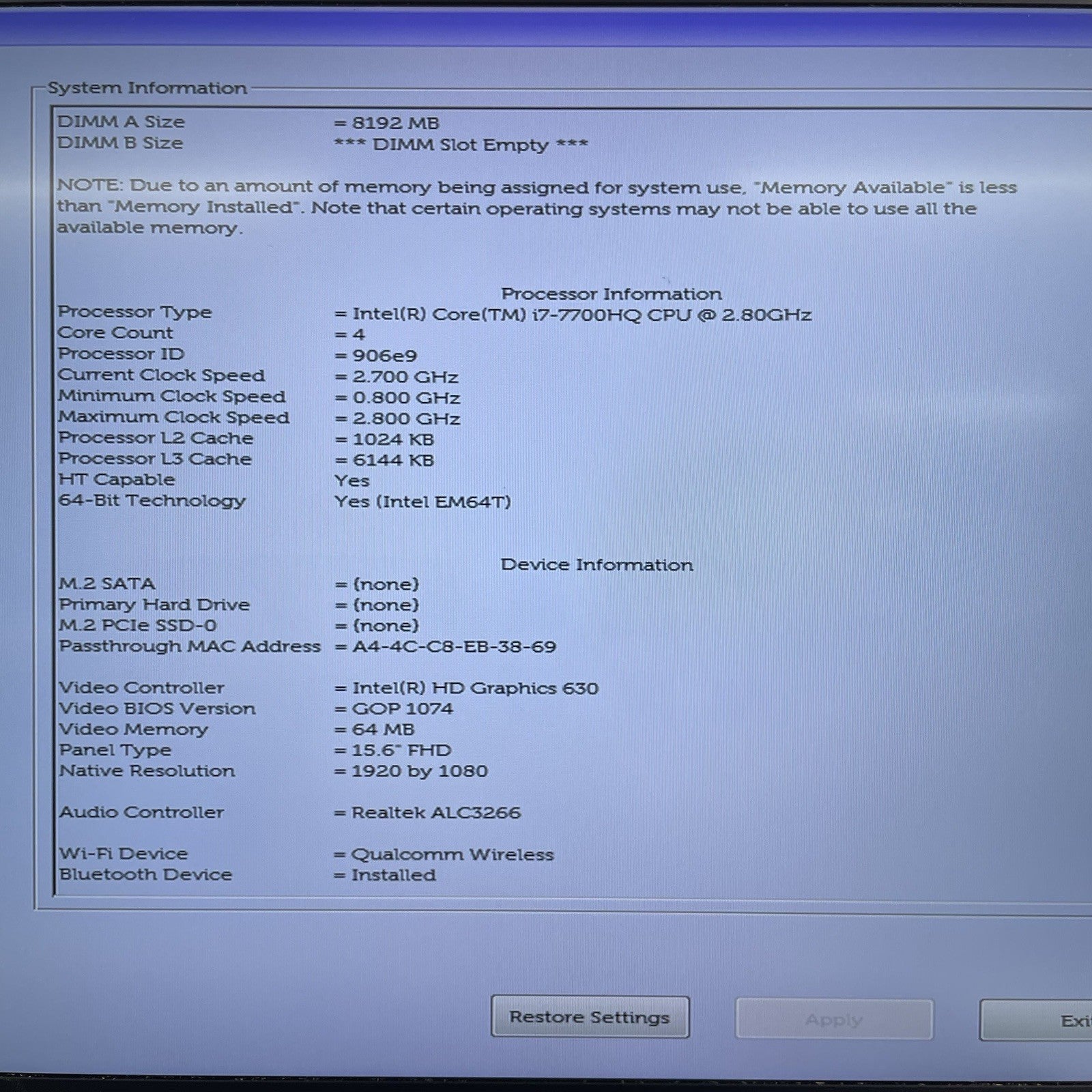 Dell XPS 15 9560 15.6" i7-7700HQ 2.80 GHz 8 GB RAM No SSD/OS/AC3