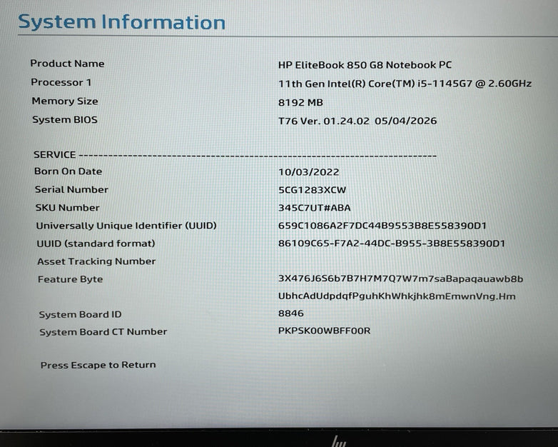 HP EliteBook 850 G8 15.6" i5-1145G7 2.60 GHz 8 GB RAM No SSD/OS/AC - Corner