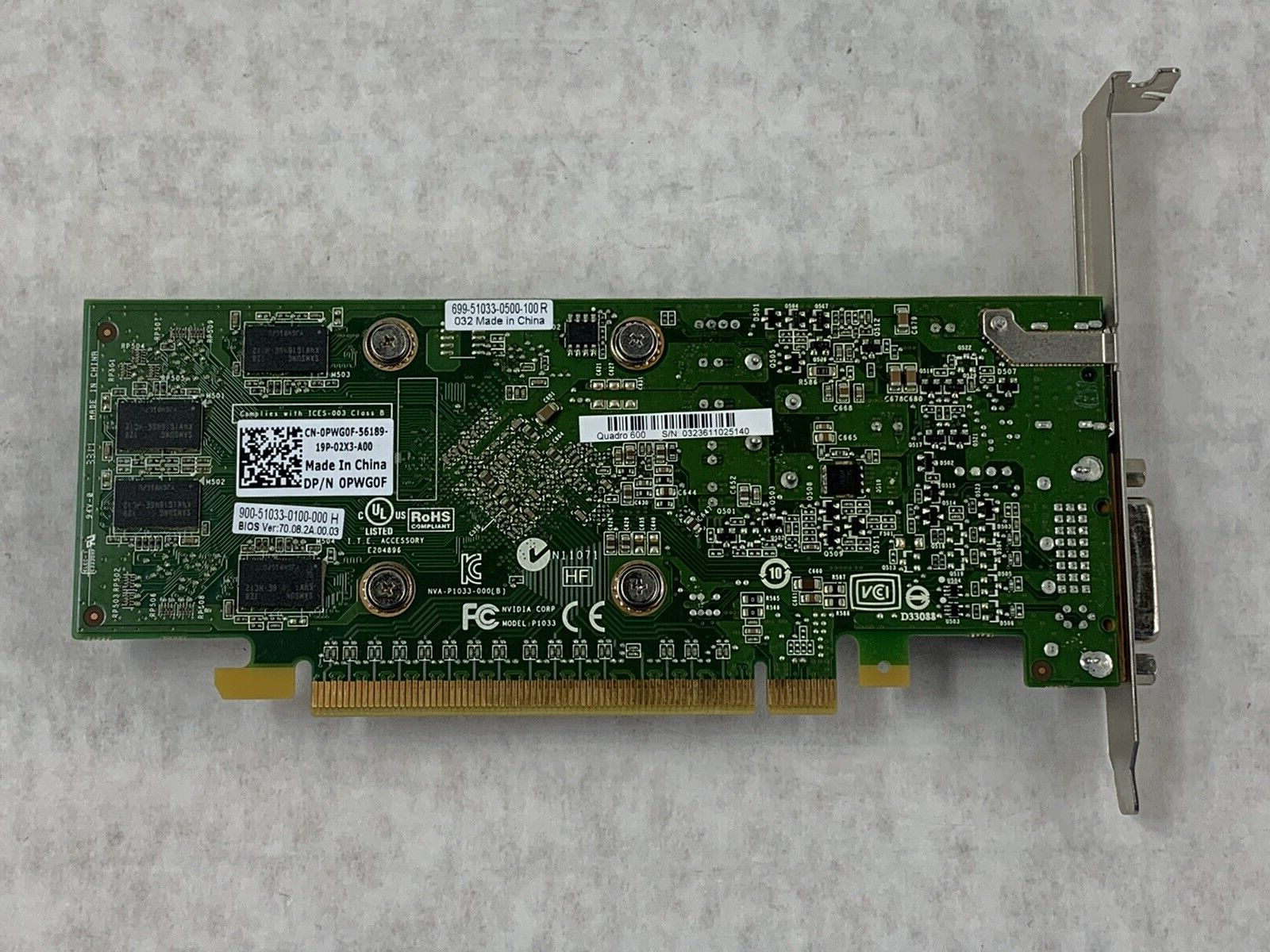 Dell NVIDIA Quadro 600 0PWG0F 1GB 128-Bit DDR3 PCIe Video Graphics Card GPU