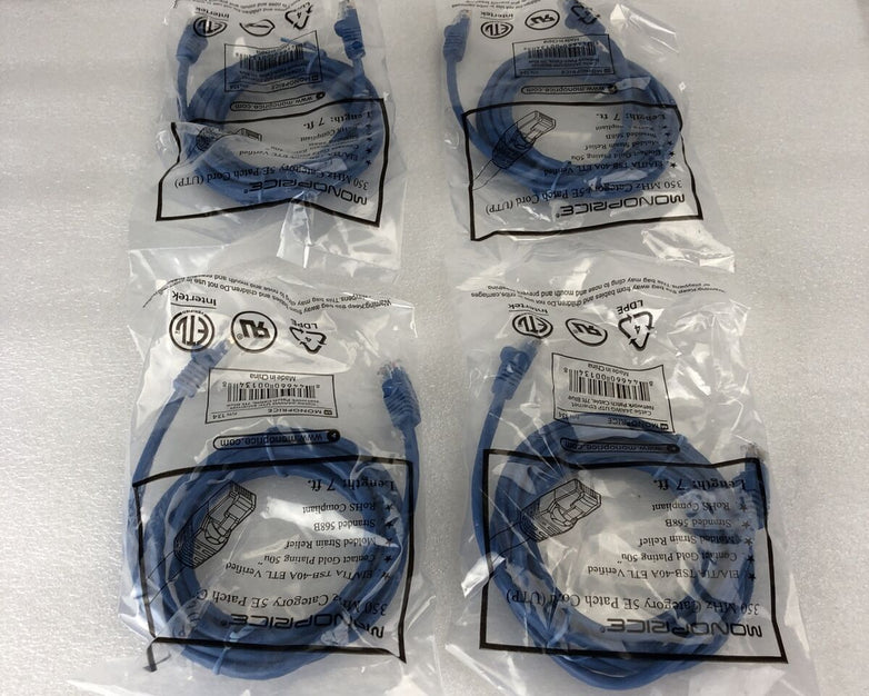 Monoprice Blue 7ft 5E Ethernet Patch Cord (UTP) - RJ45 350Mhz (Lot of 4)