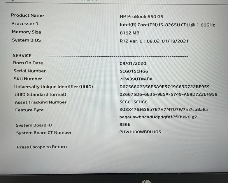 HP ProBook 650 G5 15.6" i5-8265U 1.60 GHz 8 GB RAM No SSD/OS/AC - READ