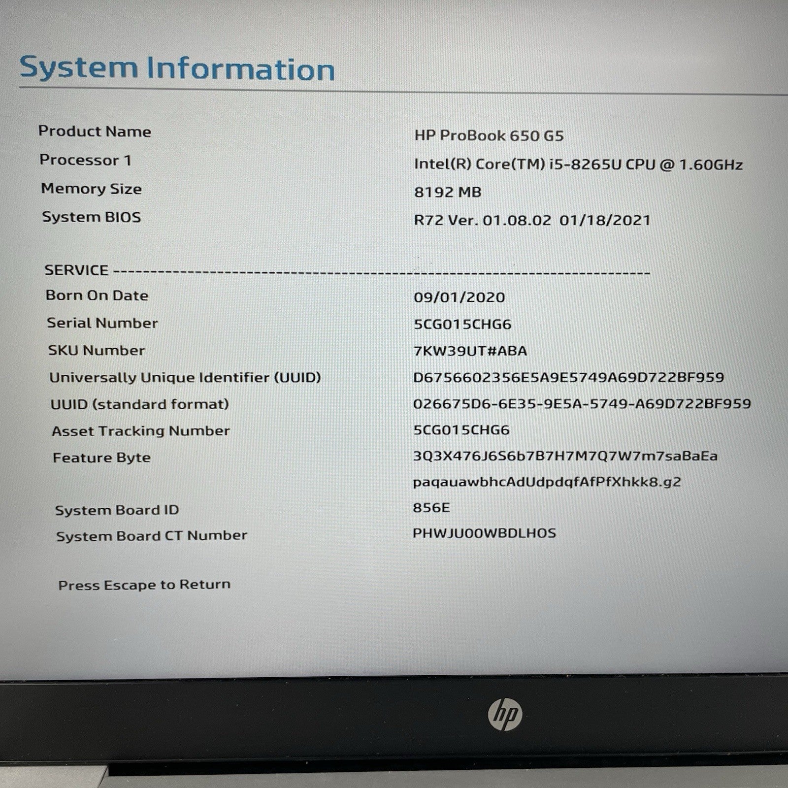 HP ProBook 650 G5 15.6" i5-8265U 1.60 GHz 8 GB RAM No SSD/OS/AC - READ3