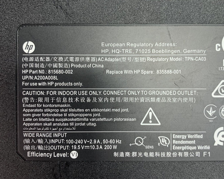 HP TPN-CA03 815680-002 19.5V 10.3A 200W AC Adapter Power Supply