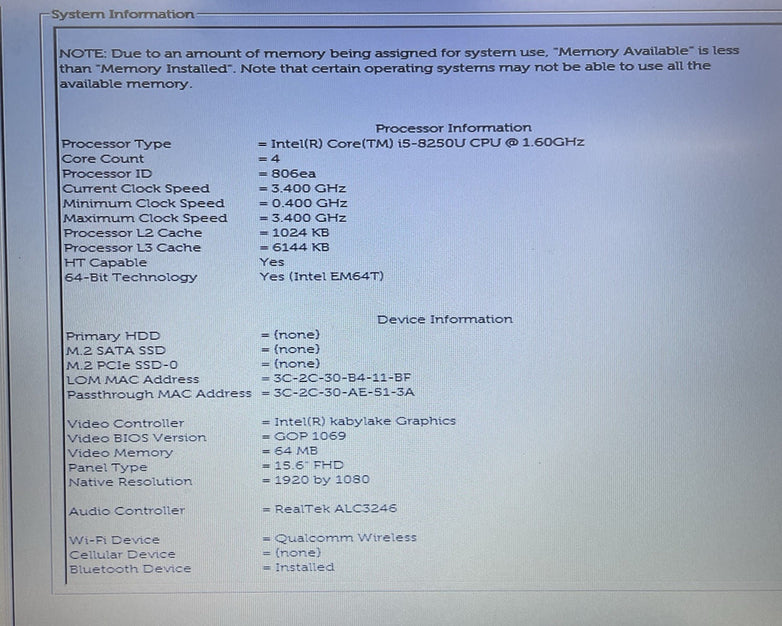 Dell Latitude 3590 15.6" i5-8250U 1.60 GHz 8 GB RAM No SSD/OS/AC/Batt