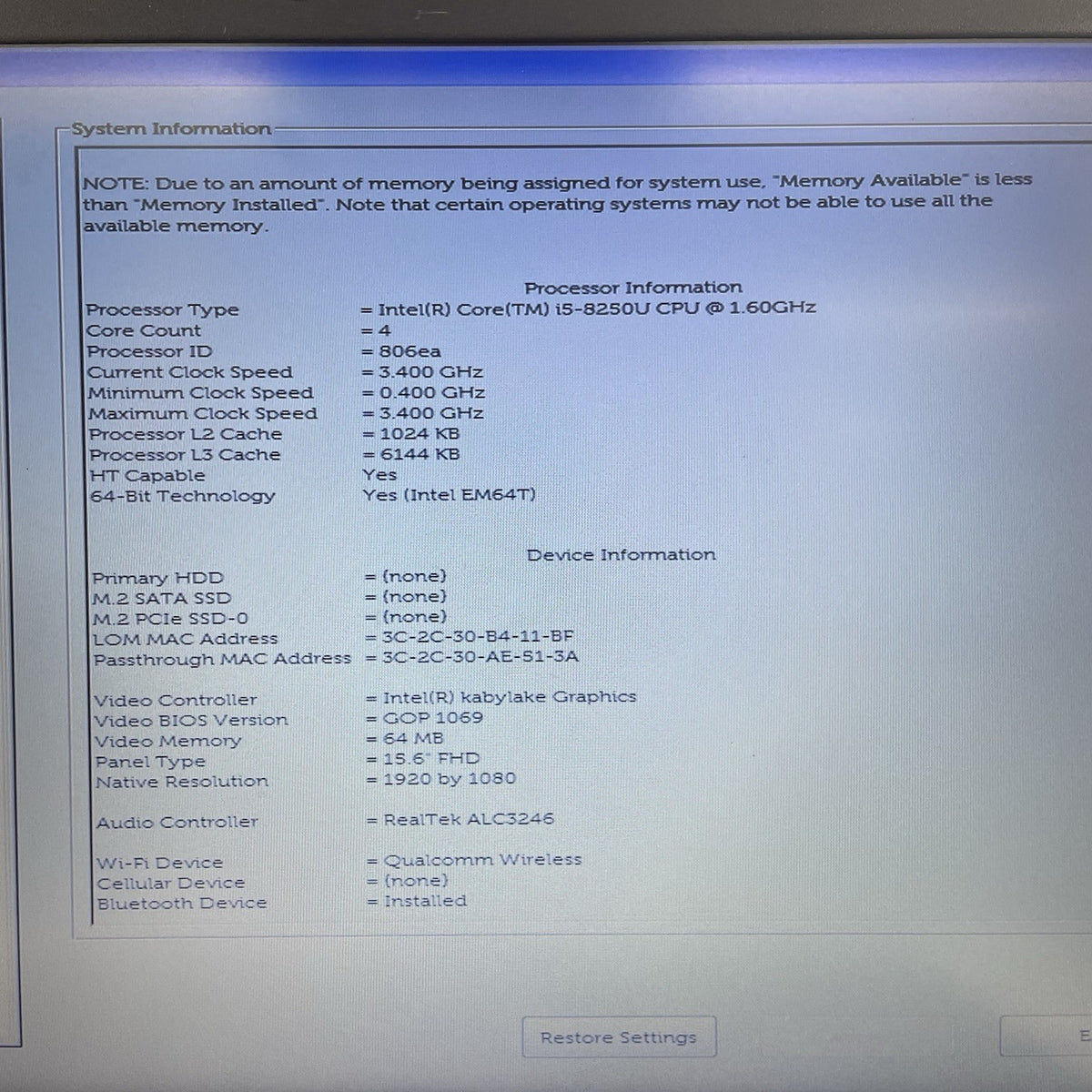 Dell Latitude 3590 15.6" i5-8250U 1.60 GHz 8 GB RAM No SSD/OS/AC/Batt3