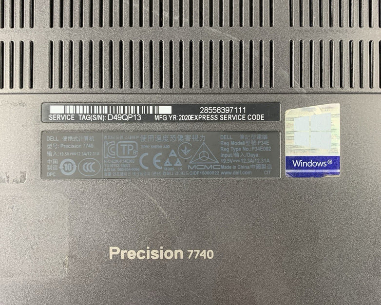 Dell Precision 7740 Intel i7-9850H 2.60 GHz 16 GB RAM 17.3" No HDD No OS No Batt