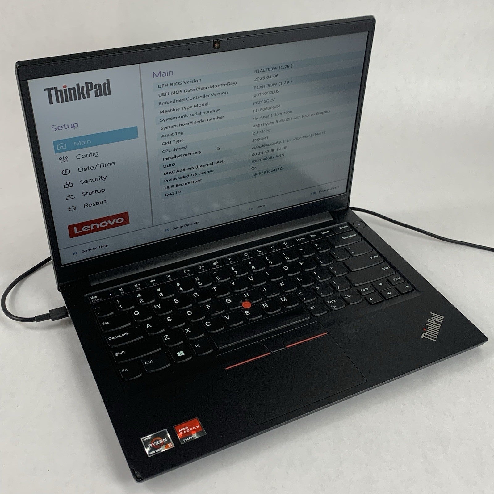 Lenovo ThinkPad E14 Gen 2 Ryzen 5 4500U 2.375 GHz 8GB Ram No OS/SSD/AC/Batt Chip0