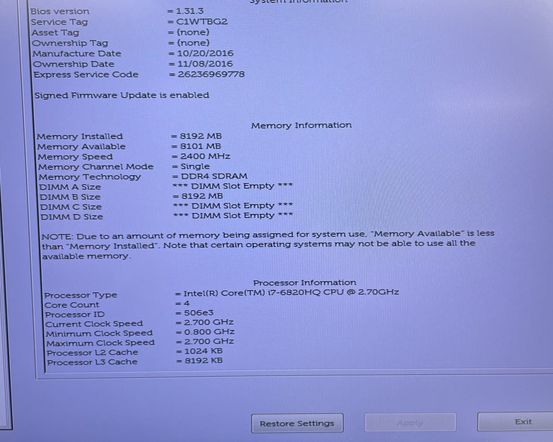 Dell Precision 7510 15.6" i7-6820HQ 2.70 GHz 8 GB RAM No SSD/OS/AC/Batt - READ