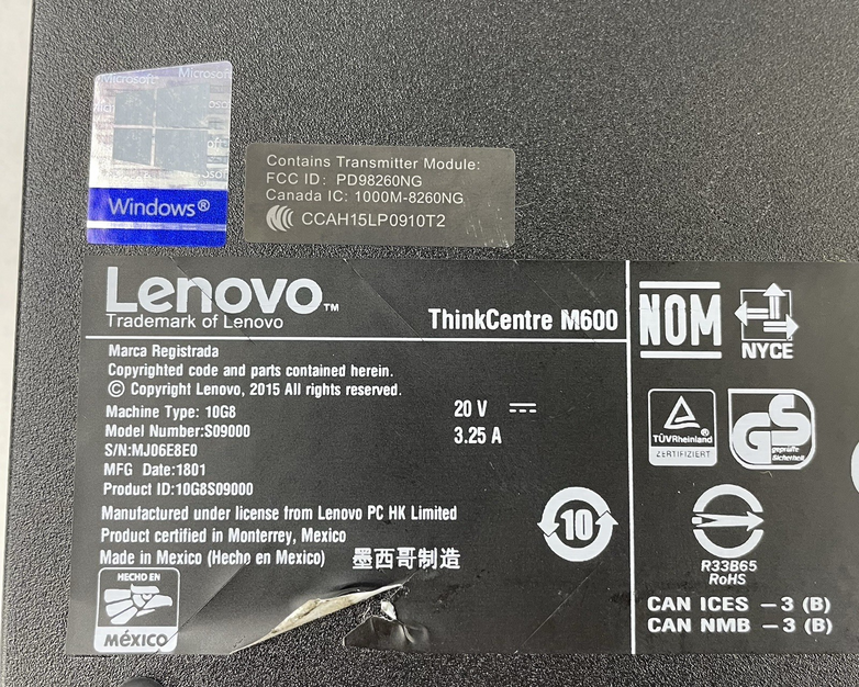 Lenovo ThinkCentre M600 Micro Pentium J3710 1.60 GHz 8 GB RAM No SSD/OS/AC