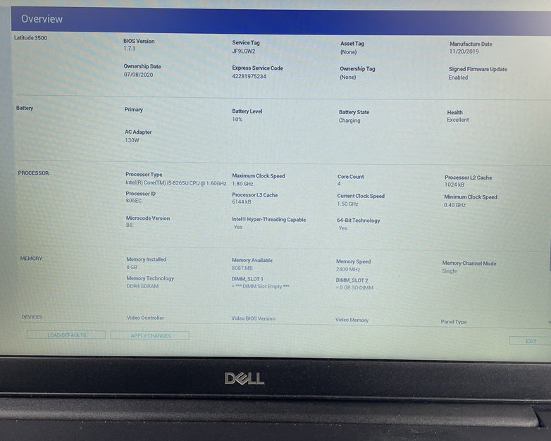 Dell Latitude 3500 15.6" i5-8265U 1.60 GHz 8 GB RAM No SSD/OS/AC