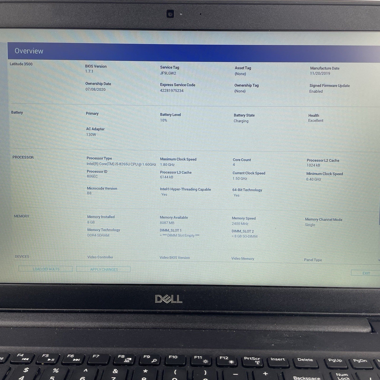 Dell Latitude 3500 15.6" i5-8265U 1.60 GHz 8 GB RAM No SSD/OS/AC2