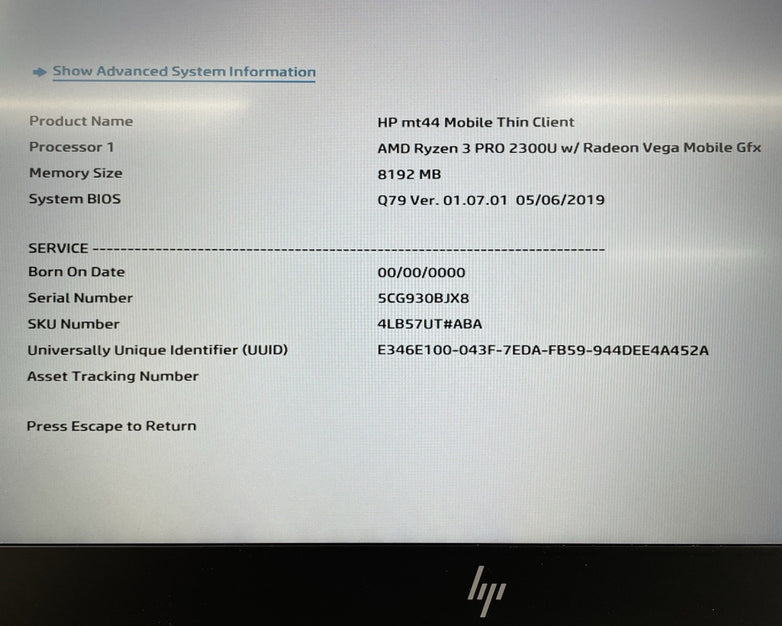 HP MT44 Thin Clinent 14" AMD Ryzen 3 Pro 2300U 2.00 GHz 8 GB RAM No SSD/OS/AC