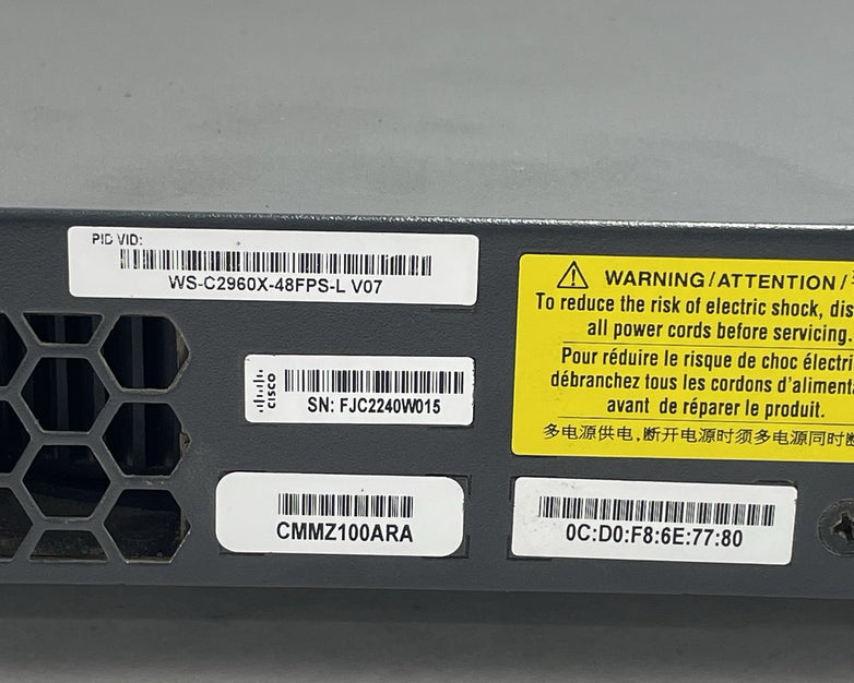 Cisco WS-C2960X-48FPS-L  V07 48 port GIG POE+ Switch Tested & Reset No Rack Ears