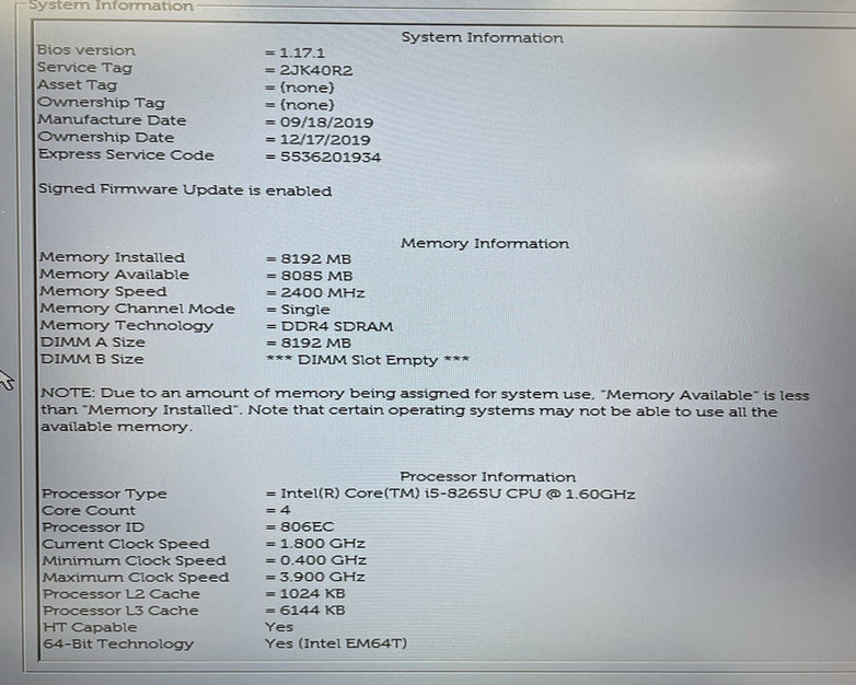 Dell Latitude 5500 15.6" i5-8265U 1.60 GHz 8 GB RAM No SSD/OS/AC