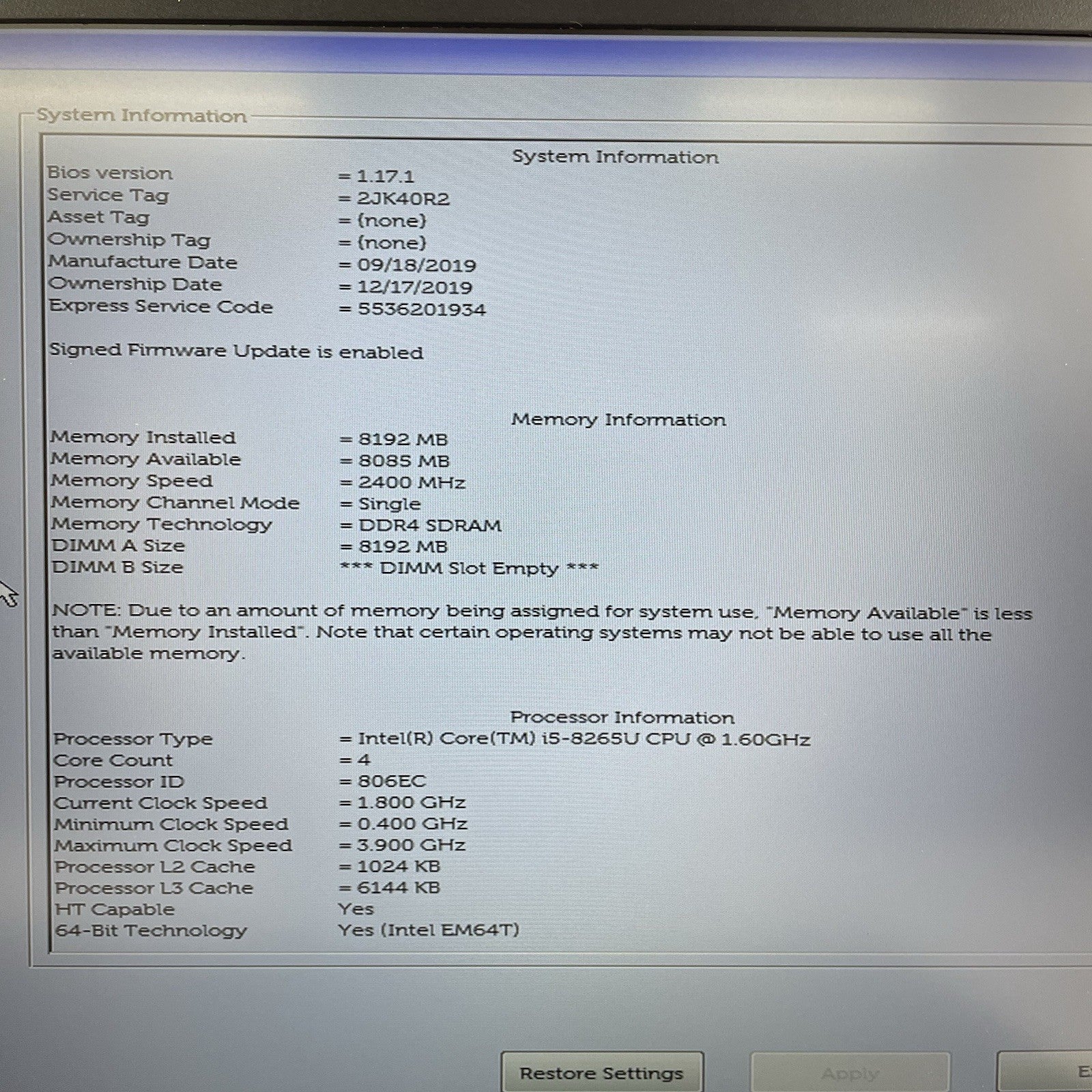 Dell Latitude 5500 15.6" i5-8265U 1.60 GHz 8 GB RAM No SSD/OS/AC3